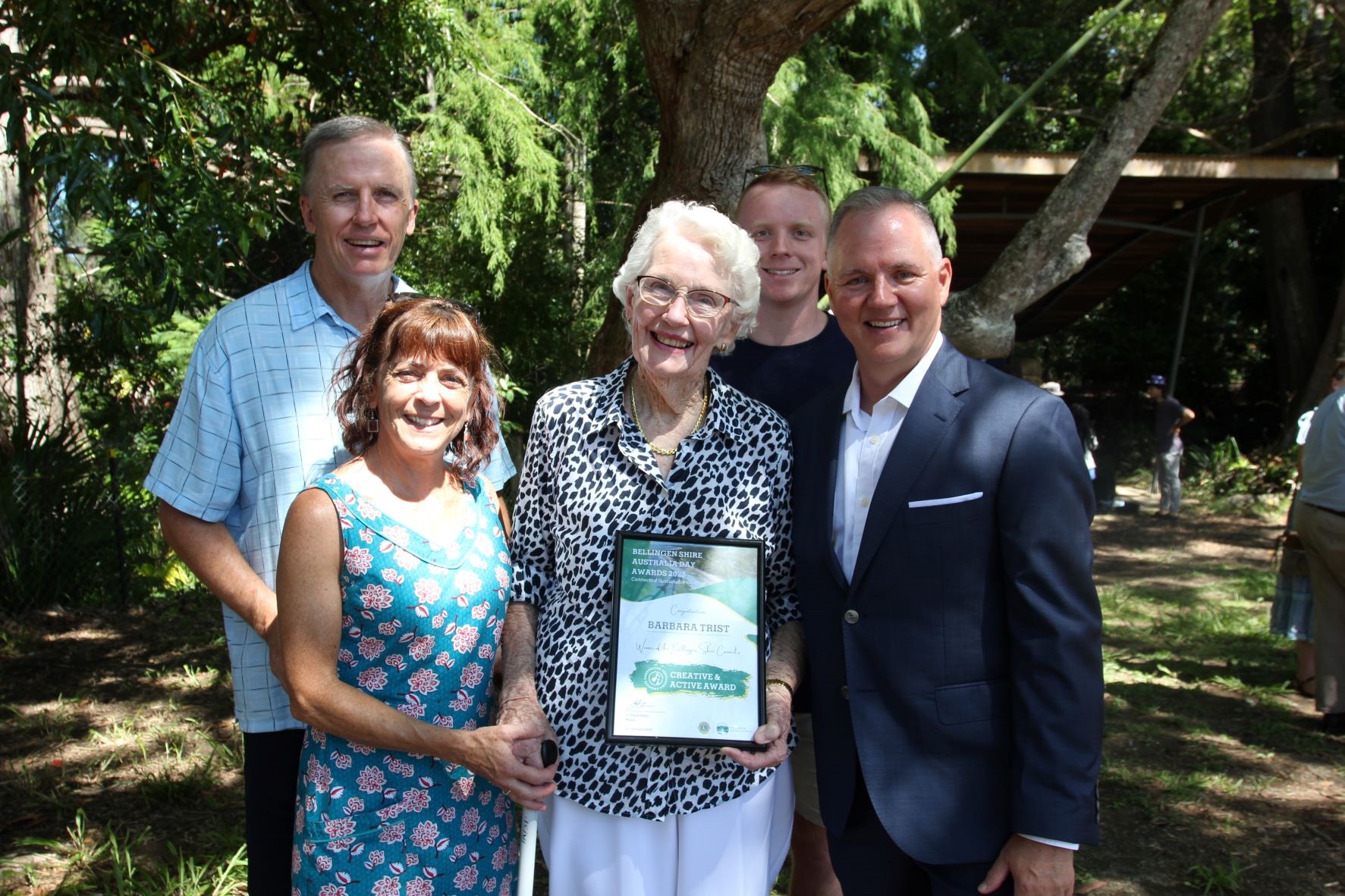 Barbara Trist celebrating with her family after winning the the Creative and Active Award, pictured with Mayor Cr Steve Allan