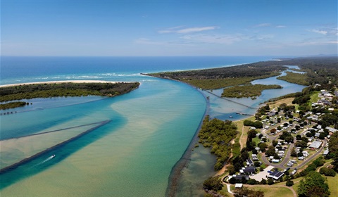 Urunga aerial shot wide of waterways and town